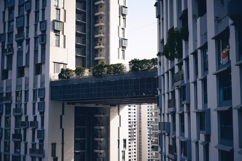 横跨于白色建筑间的深色天桥，顶部点缀着绿意