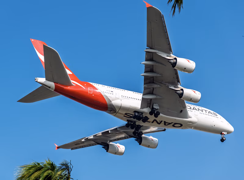 澳洲航空 A380-800 VH-OQK 掠过棕榈树梢